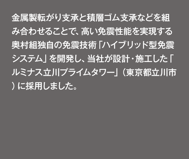 金属製転がり支承と積層ゴム詩支承などを組み合わせることで、高い免震性能を実現する奥村組独自の免震技術「ハイブリッド型免震システム」を開発し、当社が設計・施工したルミナス立川プライムタワー（東京都立川市）に採用しました。