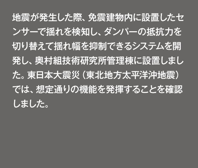 地震が発生した際、免震建物内に設置したセンサーで揺れを検知し、ダンパーの抵抗力を切り替えて揺れ幅を抑制できるシステムを開発し、奥村組技術研究所管理棟に設置しました。東日本大震災（東北地方太平洋沖地震）では、想定通りの機能を発揮することを確認しました。